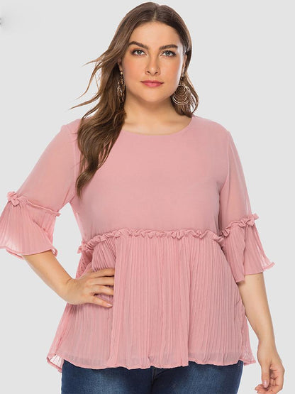 Pleated Hem Solid Color Chiffon T-shirt