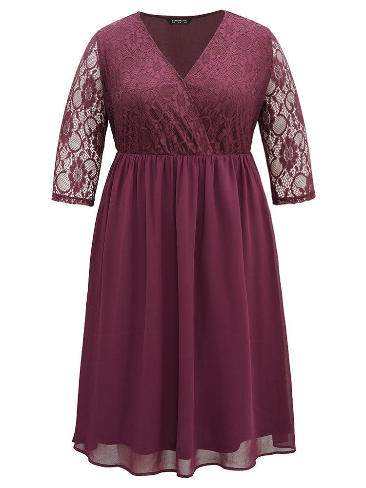 Chiffon Crochet Lace Mesh Surplice Neck Dress