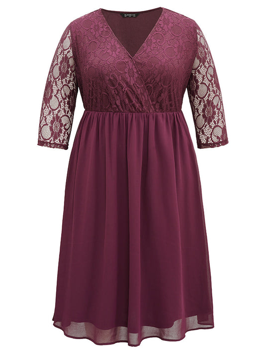 Chiffon Crochet Lace Mesh Surplice Neck Dress