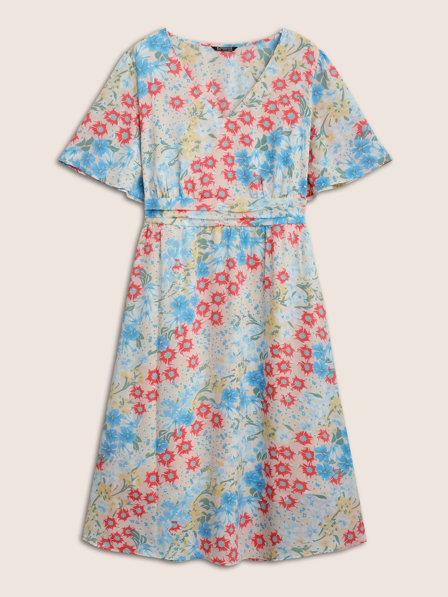 Floral Contrast Ruched Elastic Waist Dress