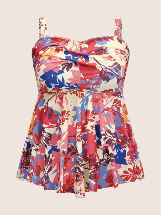 Silhouette Floral Print Crossover Tiered Hem Swim Top