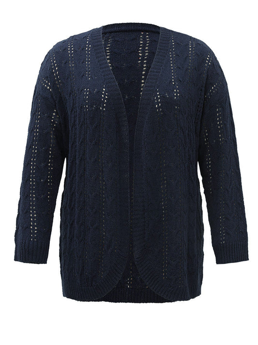 Plain Eyelet Curved Hem Drop Shoulder Cardigan