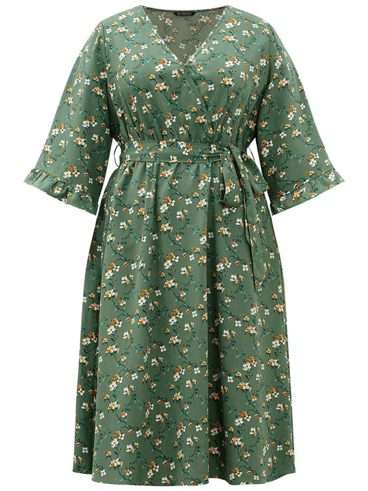 Floral Print Surplice Neck Flutter Trim Dress