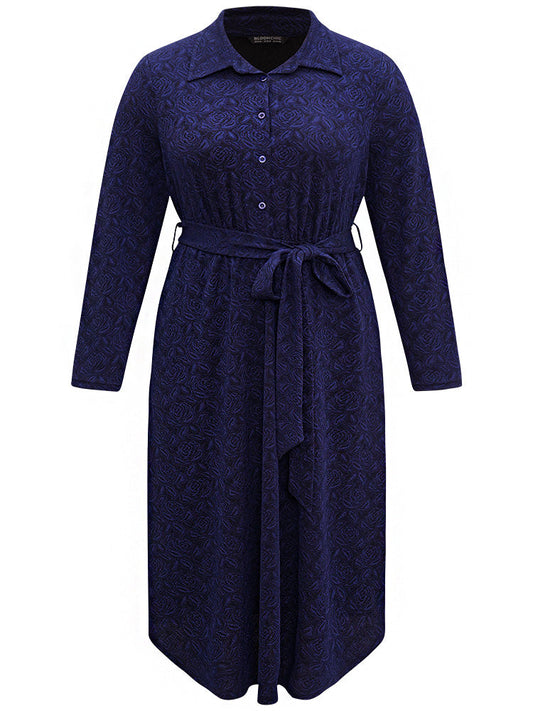 Graphic Jacquard Shirt Collar Belted Dress