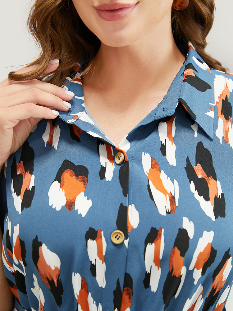 Allover Print Button Detail Pocket Belted Arc Hem Dress