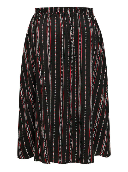 Striped Pocket Contrast Elastic Waist Split Hem Skirt
