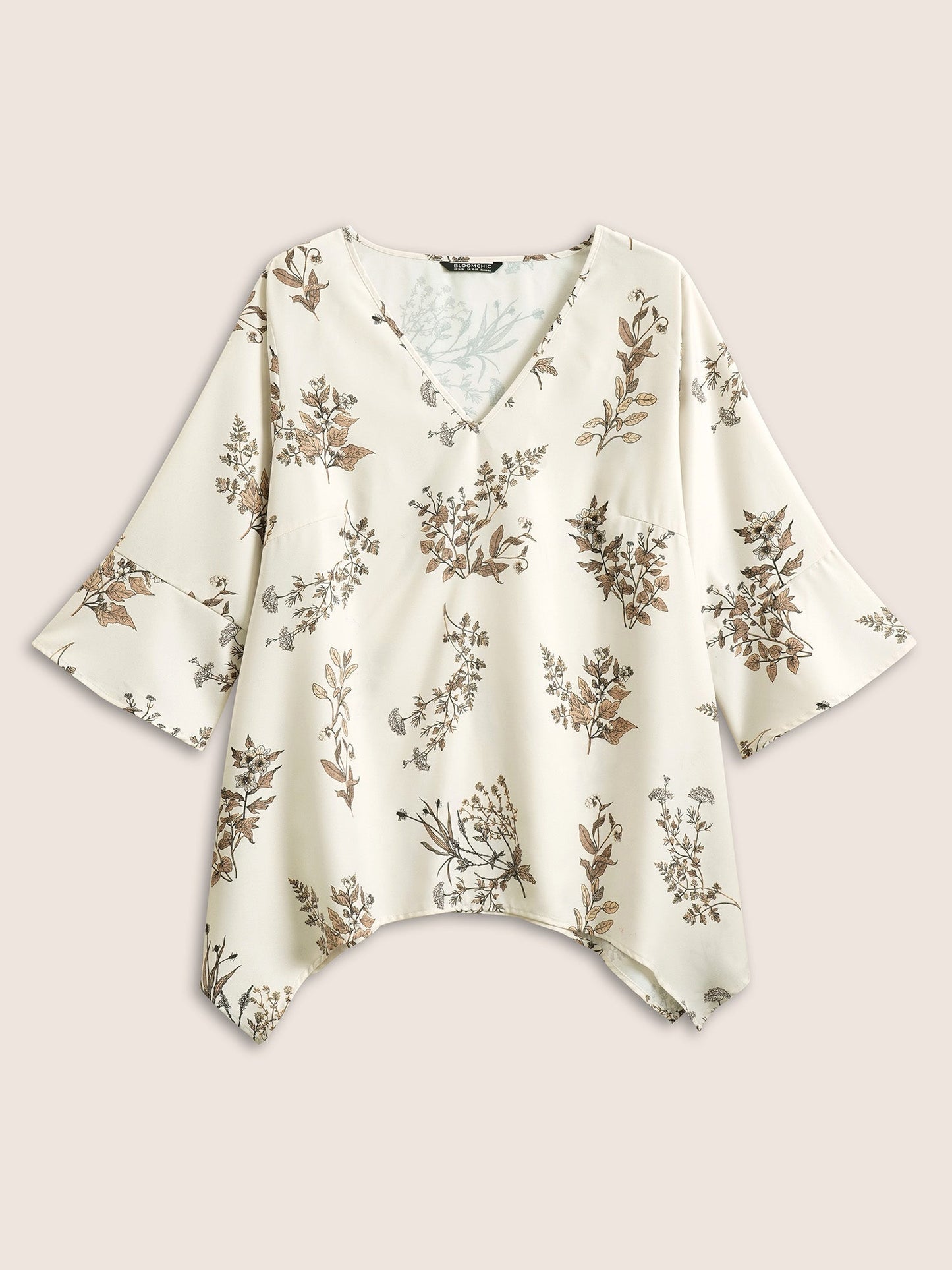 Plants Print Asymmetrical Hem Bell Sleeve Blouse