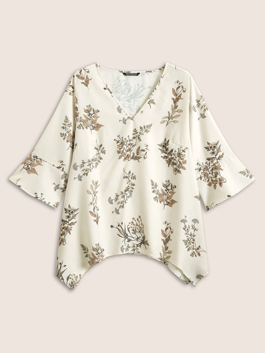 Plants Print Asymmetrical Hem Bell Sleeve Blouse