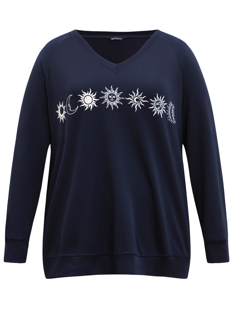 Moon & Star Print V Neck Sweatshirt