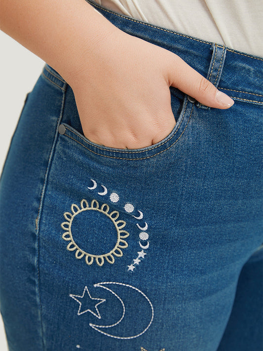 Very Stretchy High Rise Moon & Star  Embroidered Jeans