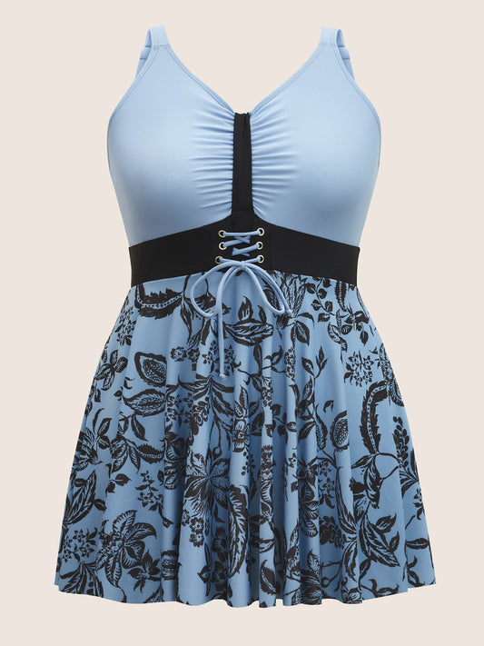 Silhouette Floral Print Ruched Lace Up Swim Dress