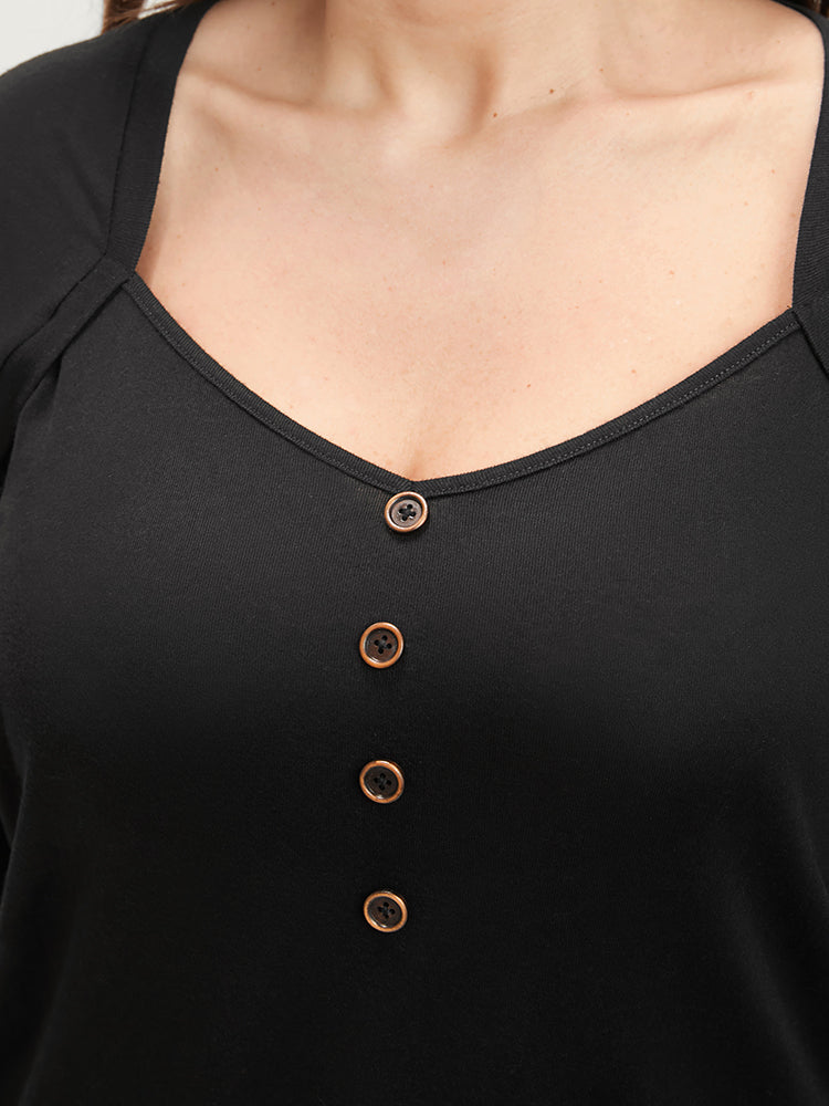 Solid Button Detail V Neck Long Tee