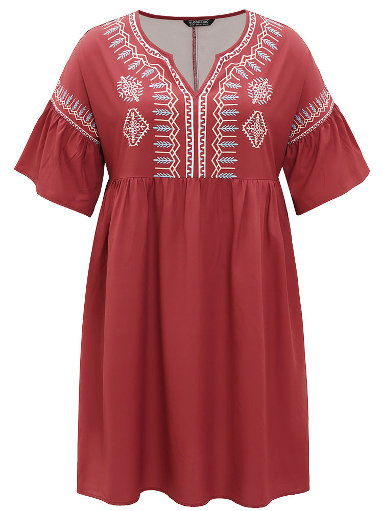 Bohemian Print Notched Gathered Ruffle Hem Dress