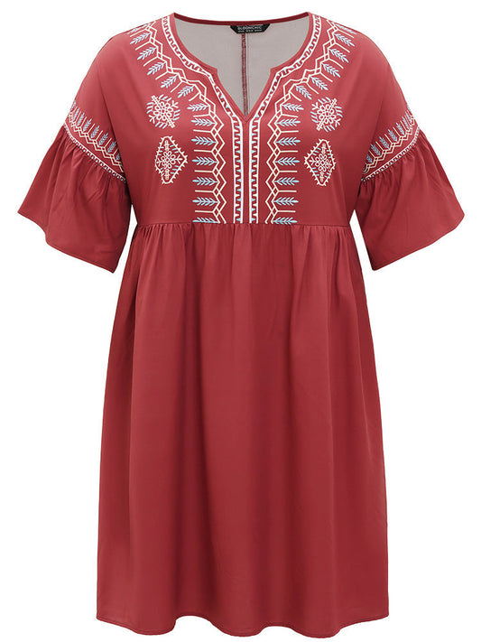 Bohemian Print Notched Gathered Ruffle Hem Dress