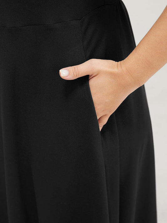 Solid Cut Out Lace Mesh Pocket Flutter Hem Dress