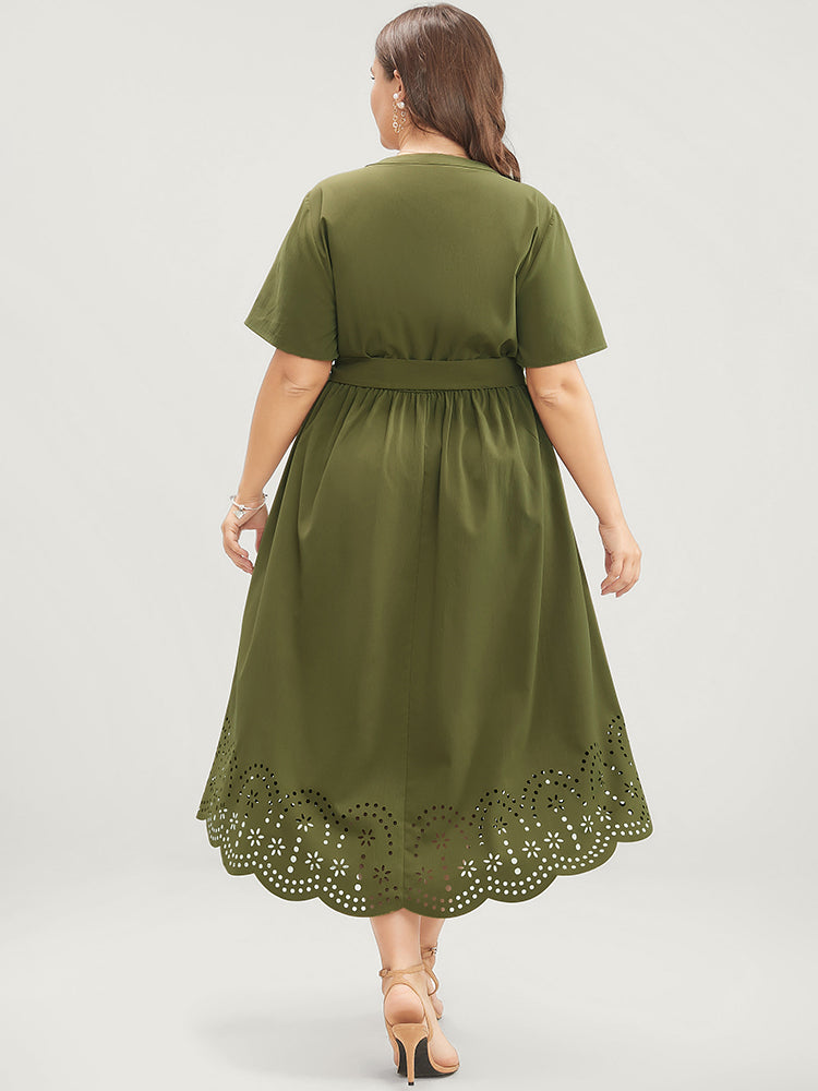 Plain Notched Pocket Laser Cut Belted Scalloped Trim Dress