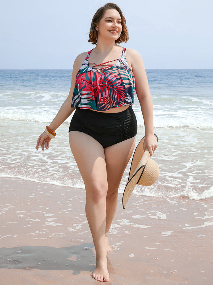 Leaf Print Contrast Ruffle Crisscross Front Tankini Top