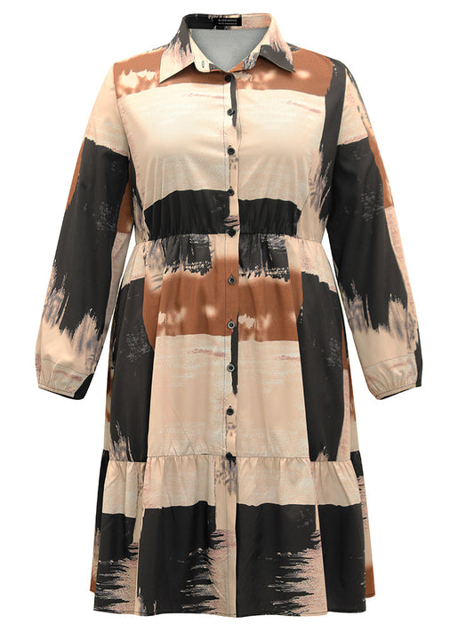 Brush Print Contrast Elastic Waist Button Through Dress