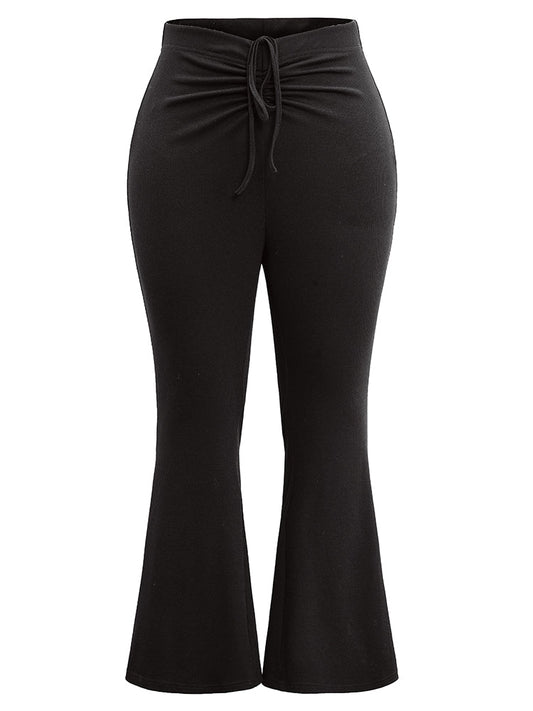 Solid Drawstring Ruched Flare Leg Pants