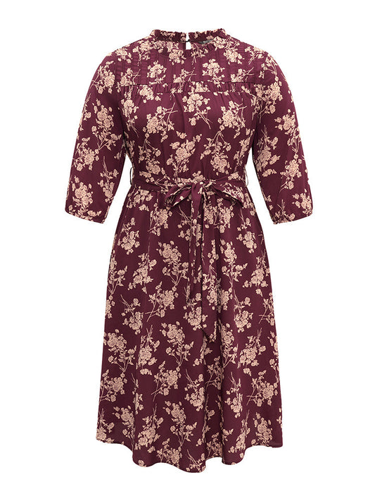Silhouette Floral Print Stand Collar Belted Pleated Dress