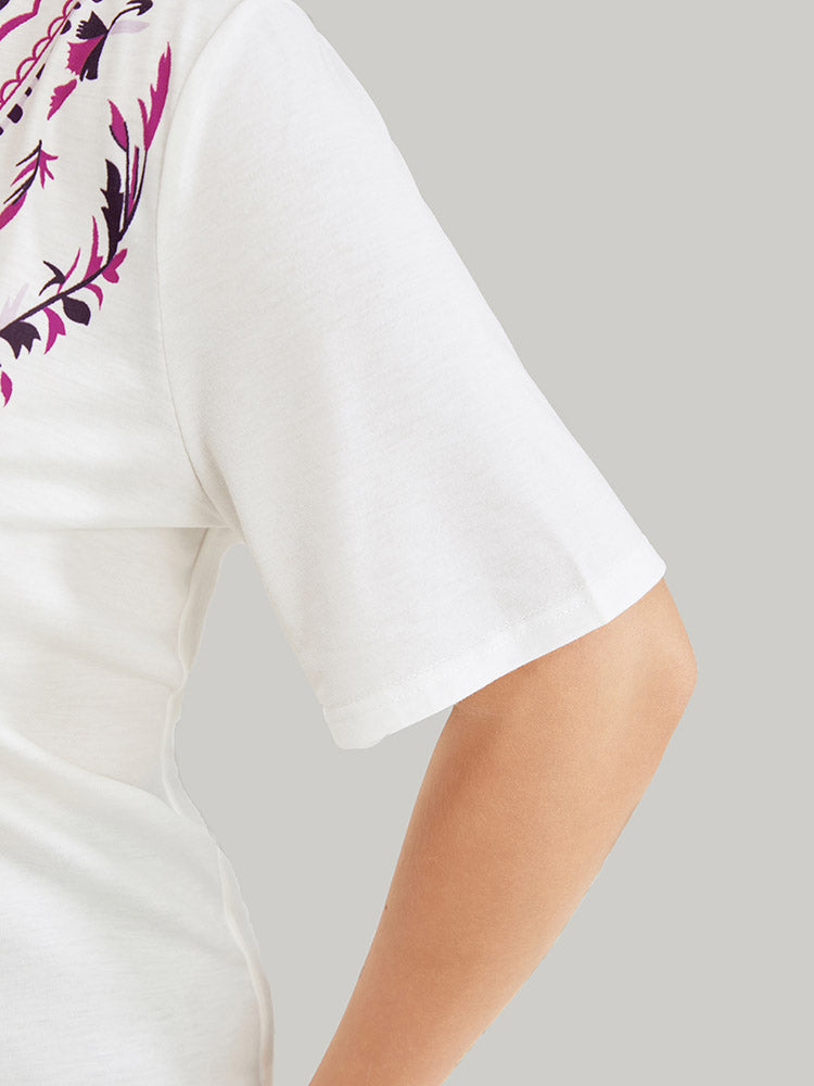 Floral & Geometric Print Short Sleeve V Neck T-shirt