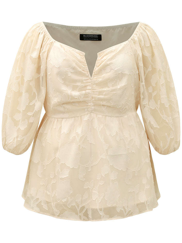 Plain Notched Ruched Lantern Sleeve Mesh Blouse