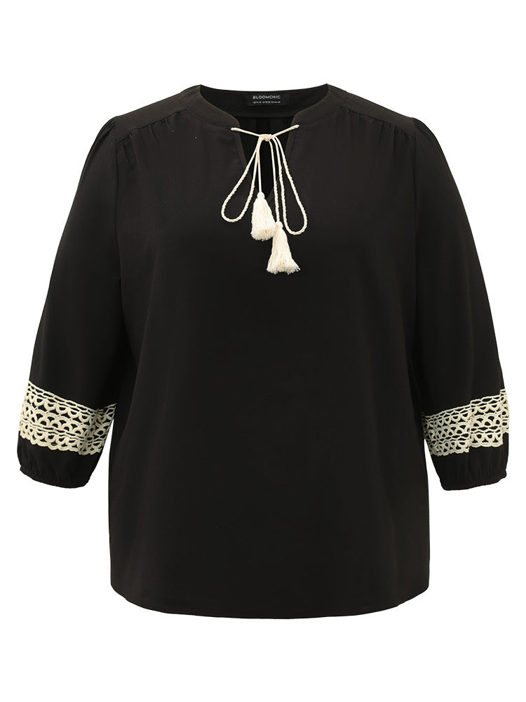 Patchwork Tassel Trim Knot Lantern Sleeve Blouse