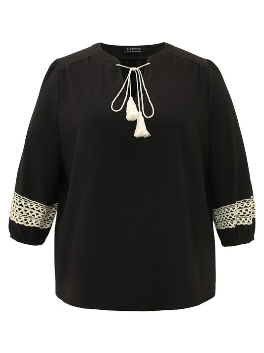 Patchwork Tassel Trim Knot Lantern Sleeve Blouse