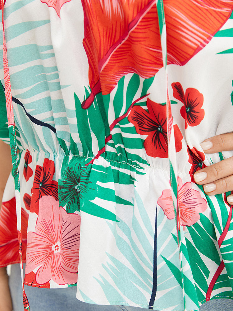 Tropical Print Ties Neck Ruffle Trim Cold Shoulder Blouse