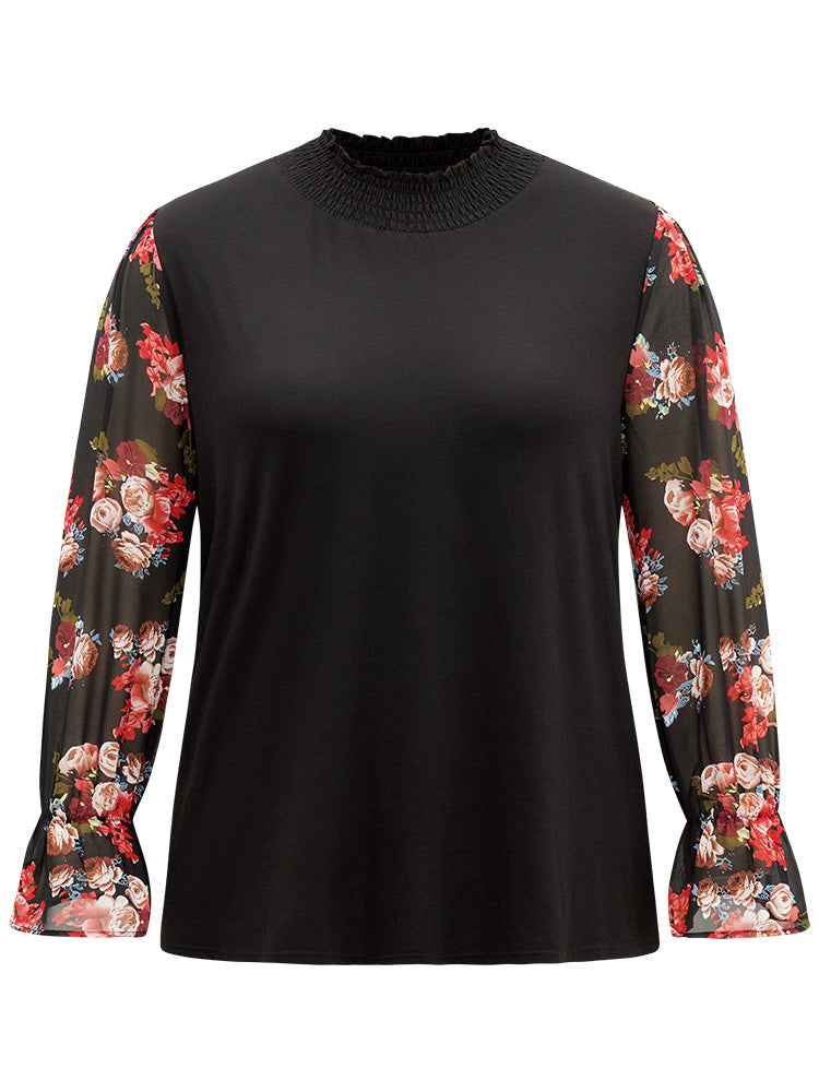Chiffon Floral Patchwork Shirred Mock Neck T-shirt