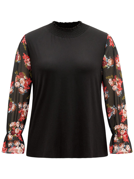 Chiffon Floral Patchwork Shirred Mock Neck T-shirt