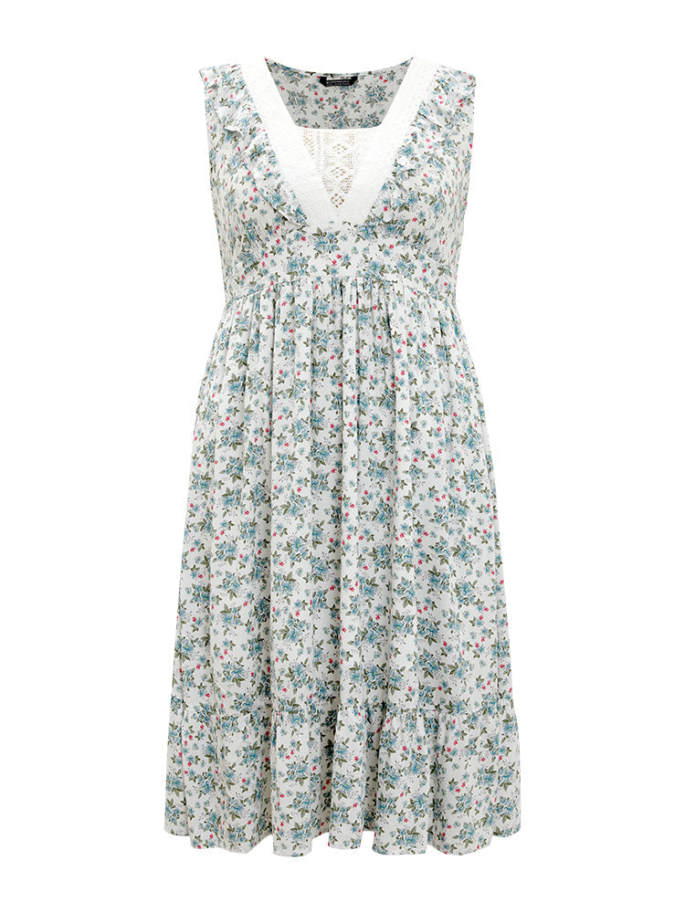 Ditsy Floral Ruffles Pocket Empire Waist Crochet Lace Tank Dress