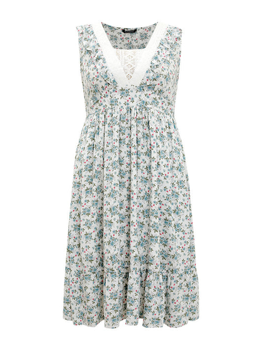 Ditsy Floral Ruffles Pocket Empire Waist Crochet Lace Tank Dress