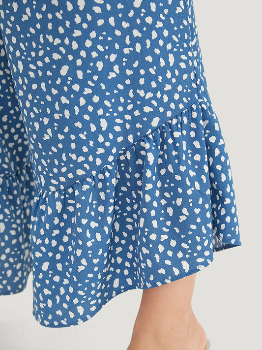 Leopard Print Knot Tassels Pocket Ruffle Trim Off Shoulder Jumpsuit