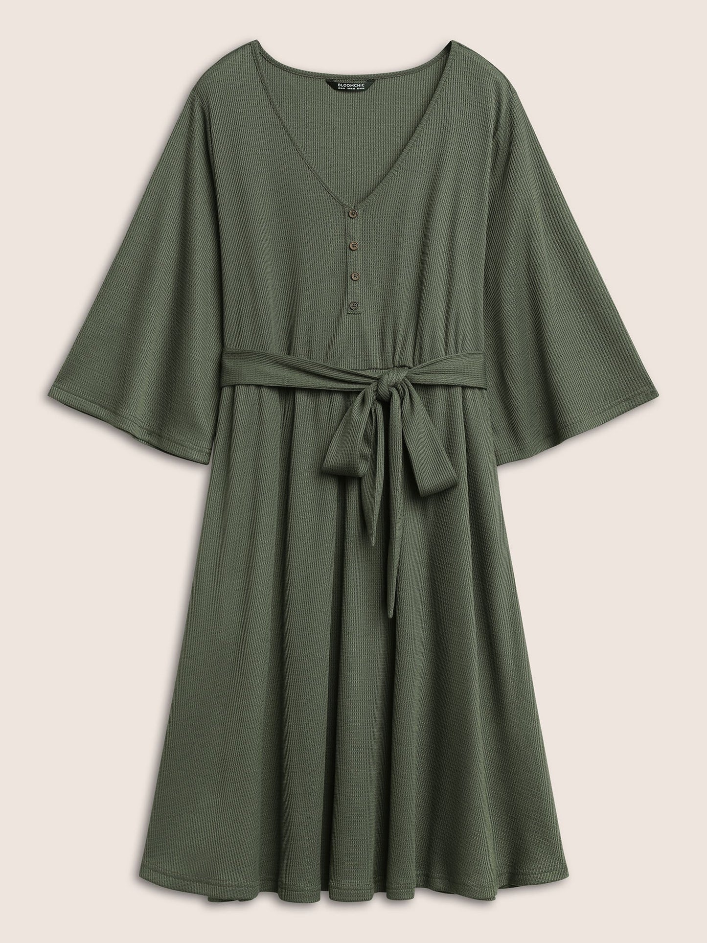 Solid Waffle Knit Button Detail Belted Dress