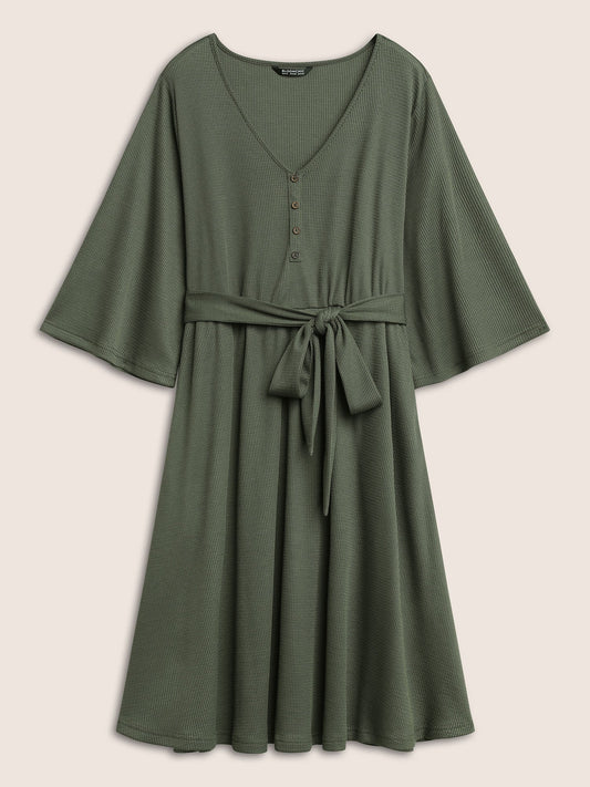 Solid Waffle Knit Button Detail Belted Dress