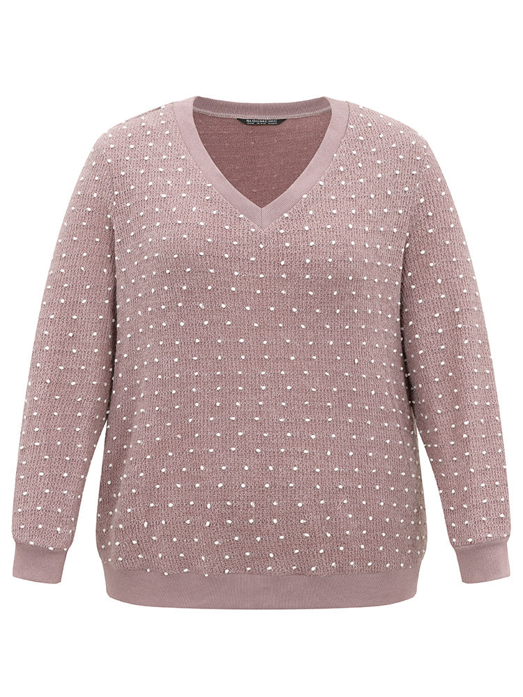 Polka Dot Textured V Neck Rib Knit Sweatshirt