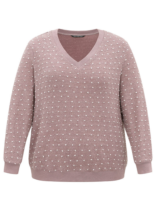 Polka Dot Textured V Neck Rib Knit Sweatshirt