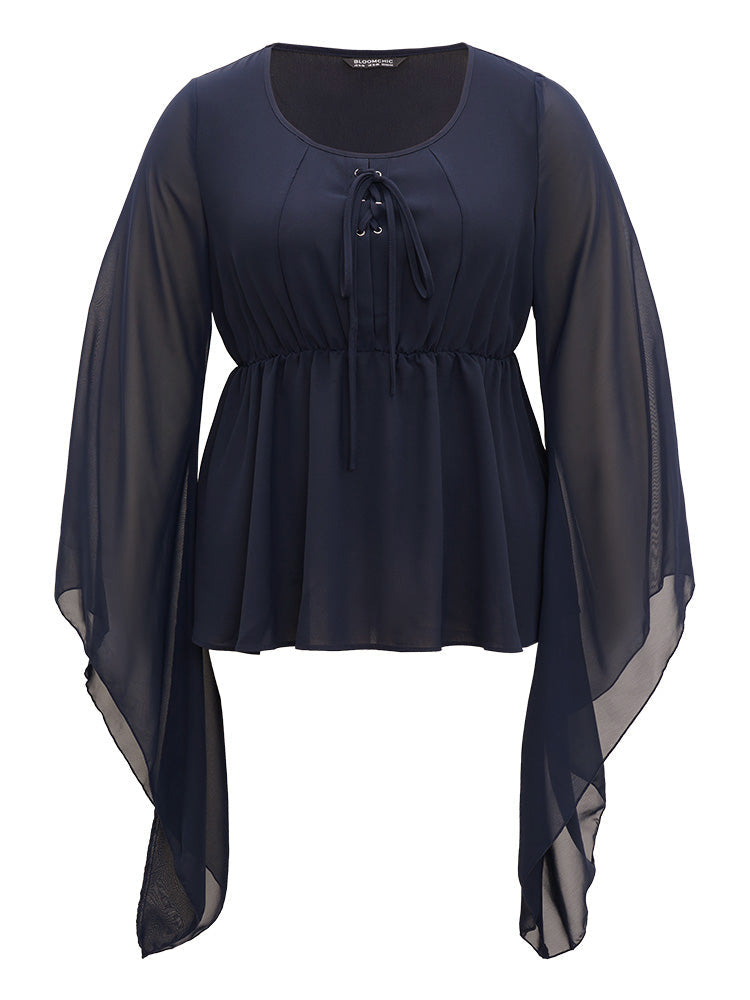 Halloween Solid Bell Sleeve Mesh Lace Up Blouse