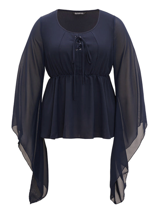 Halloween Solid Bell Sleeve Mesh Lace Up Blouse