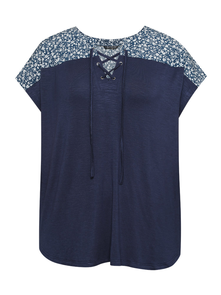 Ditsy Floral Patchwork Lace Up Notched T-shirt
