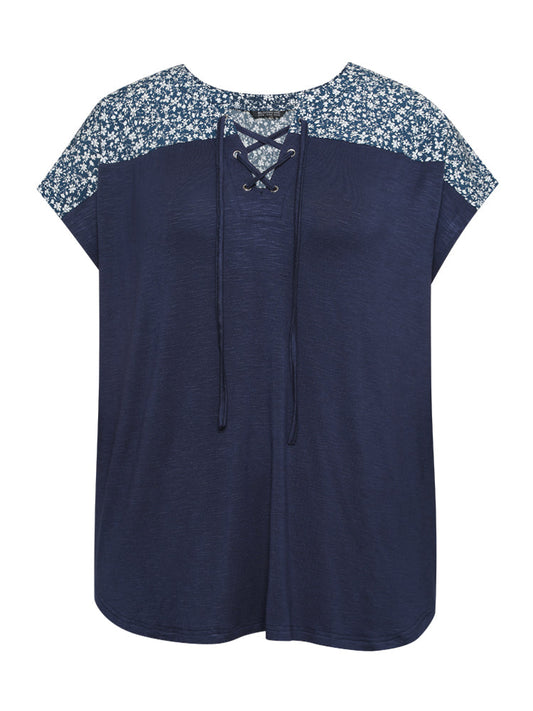 Ditsy Floral Patchwork Lace Up Notched T-shirt