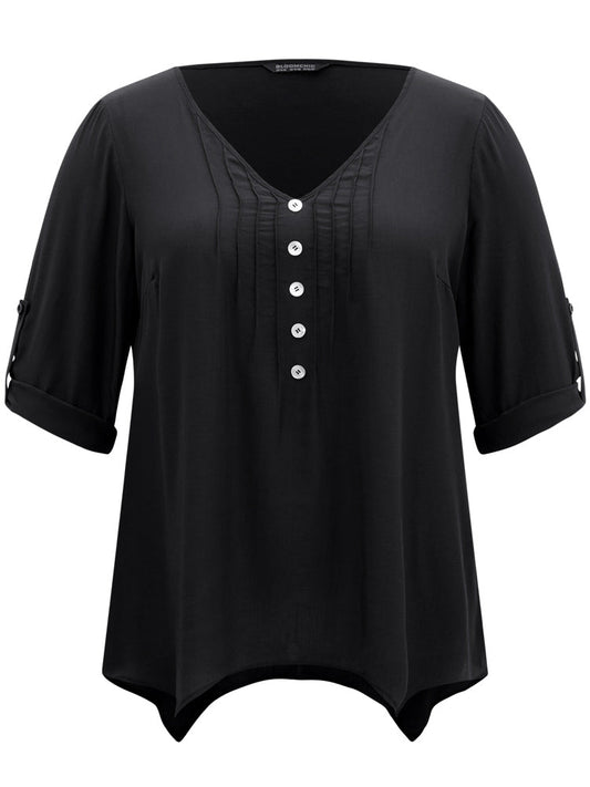Solid Button Detail Pleated Hanky Hem Blouse