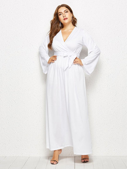 Belt V-neck Solid Color Maxi Dress