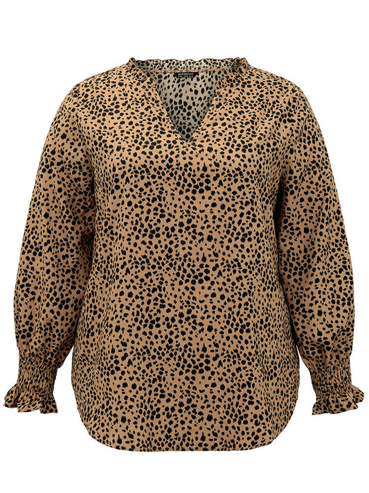Leopard Shirred Notched Lantern Sleeve Blouse