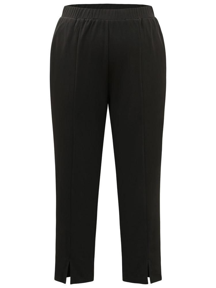 Plain Split Hem Pocket Elastic Waist Pants