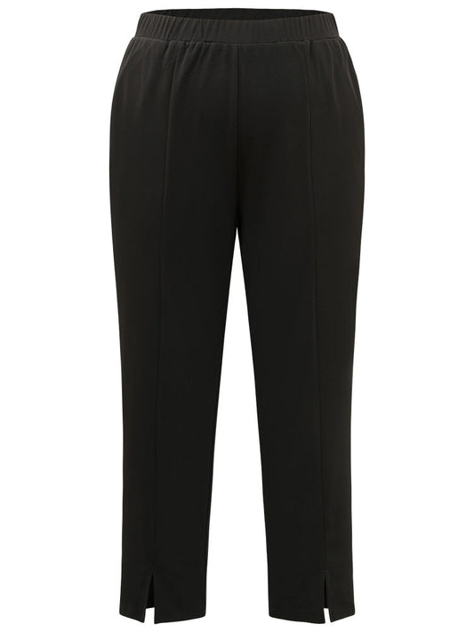 Plain Split Hem Pocket Elastic Waist Pants