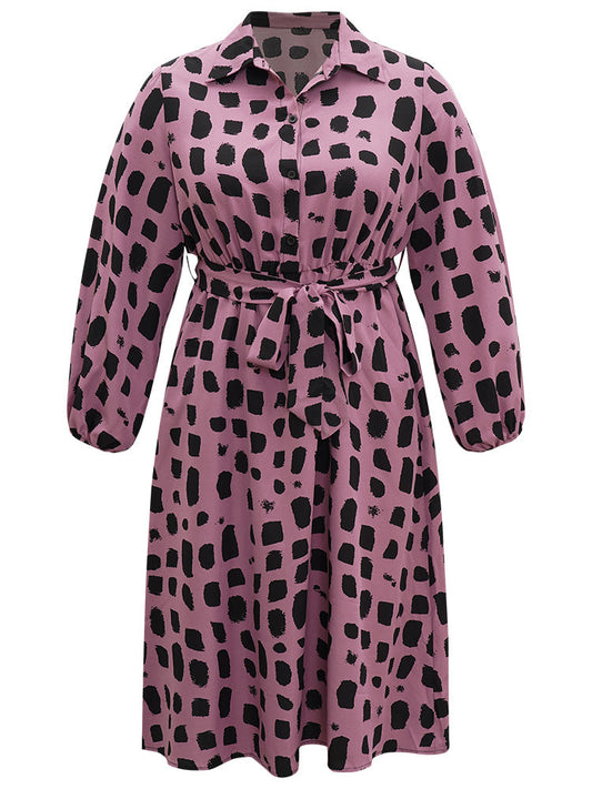 Shirt Collar Brush Print Belted Dress