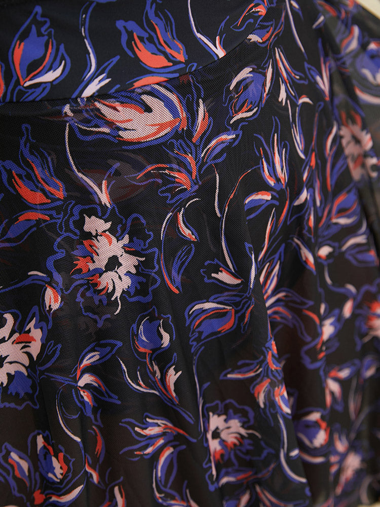 Floral Crossover Back Mesh Ruffle Hem Swim Dress