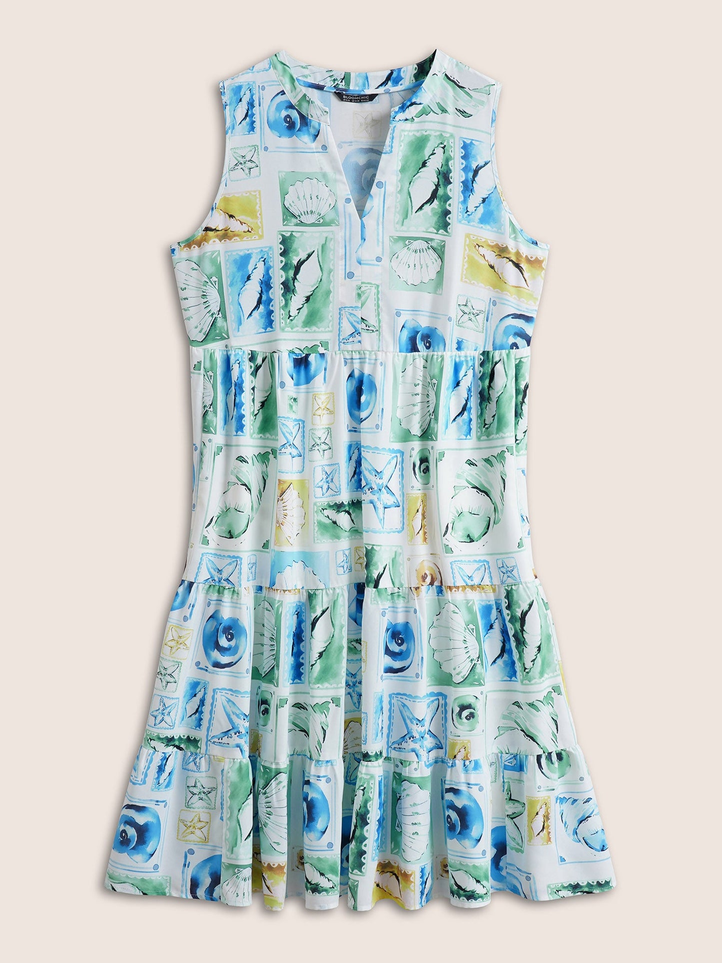 Shell Notched Ruffle Layered Hem Tank Dress